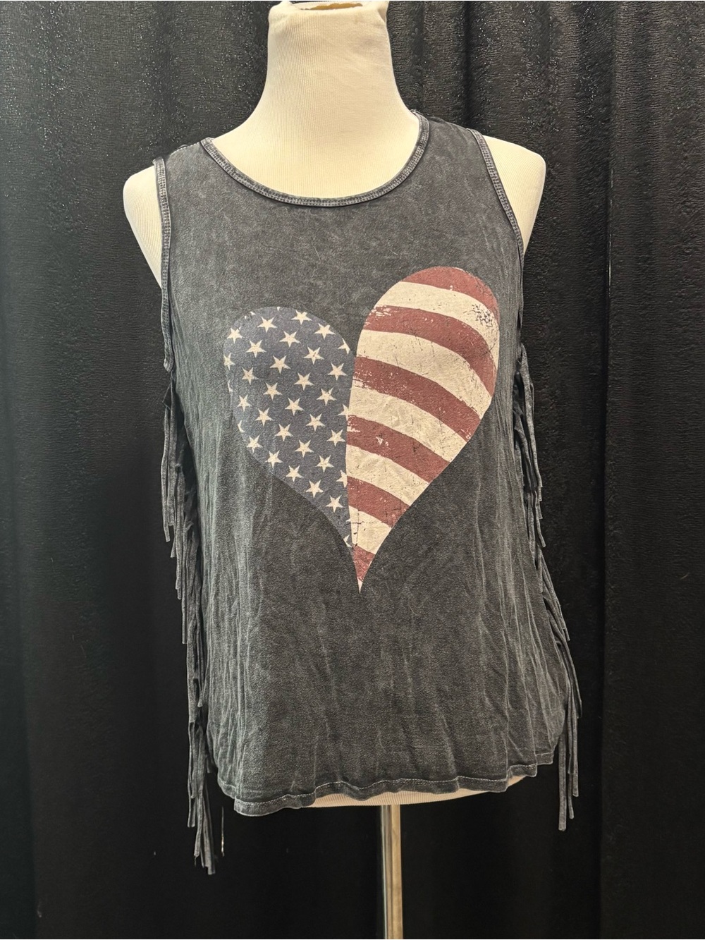 T Party Fashion Black Tank Top with Distressed American Flag Heart and Fringe
